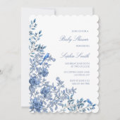 Chinoiserie Toile Blue Delicate Floral Baby Shower 招待状 (正面)