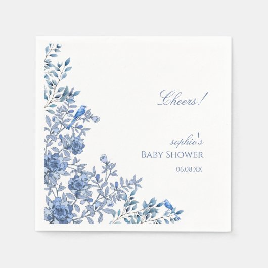 Chinoiserie Toile Blue Floral Baby Shower スタンダードカクテルナプキン (正面)