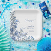 Chinoiserie Toile Blue Floral Baby Shower ペーパープレート (パーティー)