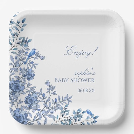 Chinoiserie Toile Blue Floral Baby Shower ペーパープレート (正面)