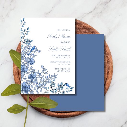 Chinoiserie Toile Blue Floral Baby Shower 招待状