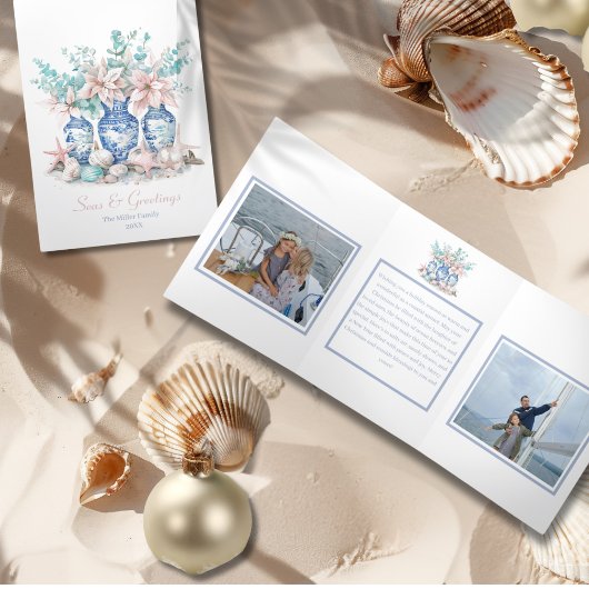 Chinoiserie Vases Eucalyptus & Pointsettias 2写真 三つ折りクリスマスカード