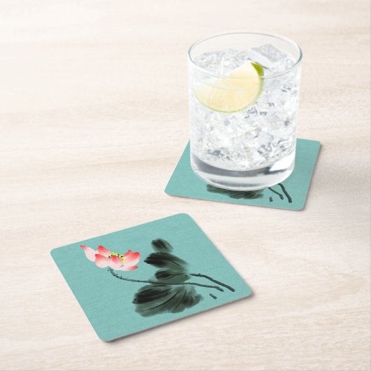 Chinoiserie Water color 絵画's Lotusフローラ スクエアペーパーコースター (インサイチュ)