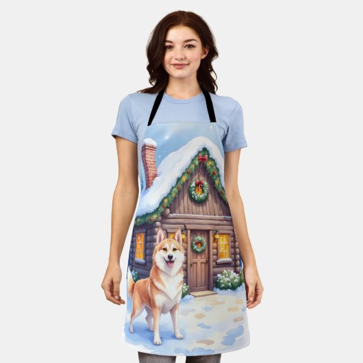 Chinook Rustic Log Cabin Christmas Art エプロン (着用した状態)