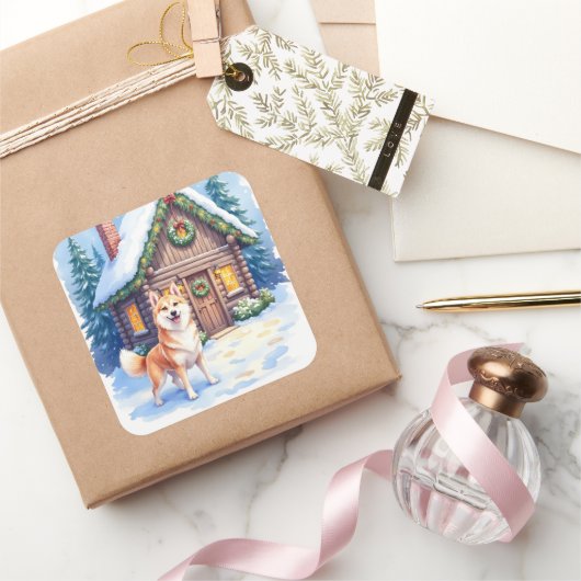 Chinook Rustic Log Cabin Christmas Art スクエアシール (ギフト)