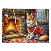 Chinook Sitting by Fireplace with Christmas Lights ラージペーパーバッグ (裏面)