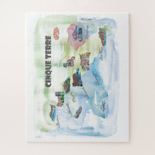 Chinque Terreイタリアのヴィンテージ旅行ポスター地図 ジグソーパズル (縦)