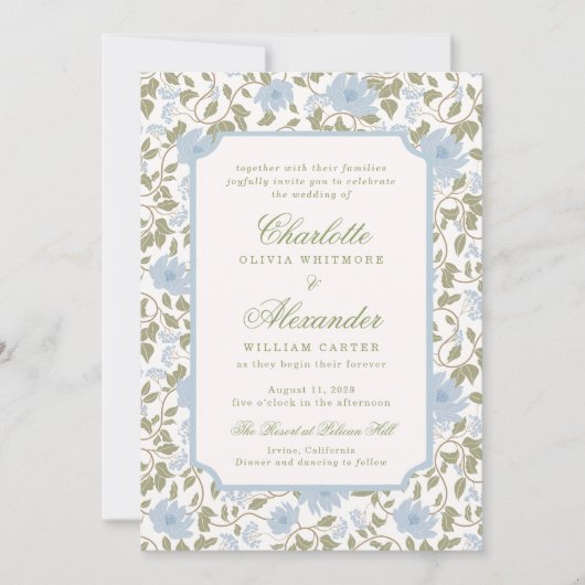 Chintz Floral Sage Blue Elegant Wedding Invitation 招待状 (正面)