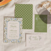 Chintz Floral Sage Blue Elegant Wedding Invitation 招待状