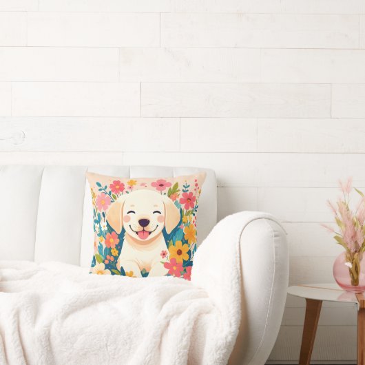 chiot labrador jaune au milieu des fleurs クッション (ソファ)