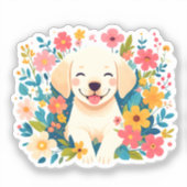chiot labrador jaune au milieu des fleurs シール (正面)