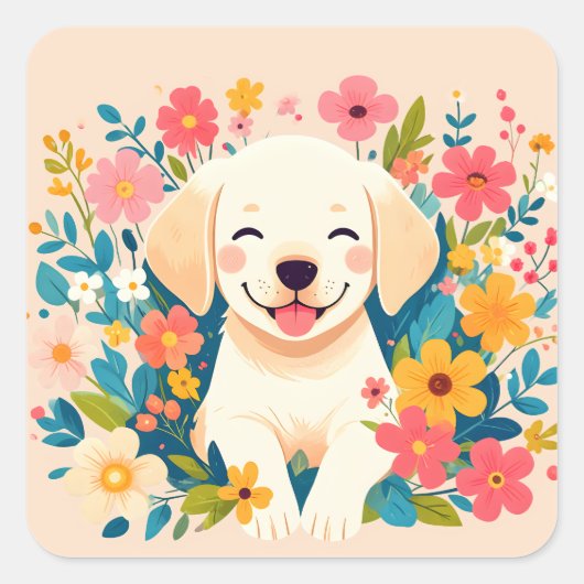 chiot labrador jaune au milieu des fleurs スクエアシール (正面)