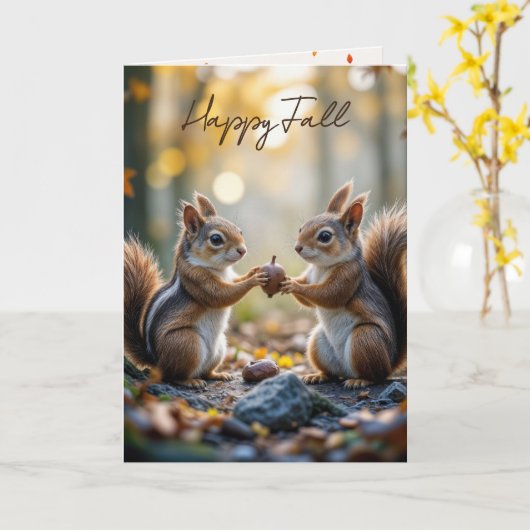 Chipmunk and Squirrel With Autumn Acorn カード (黄色い花)