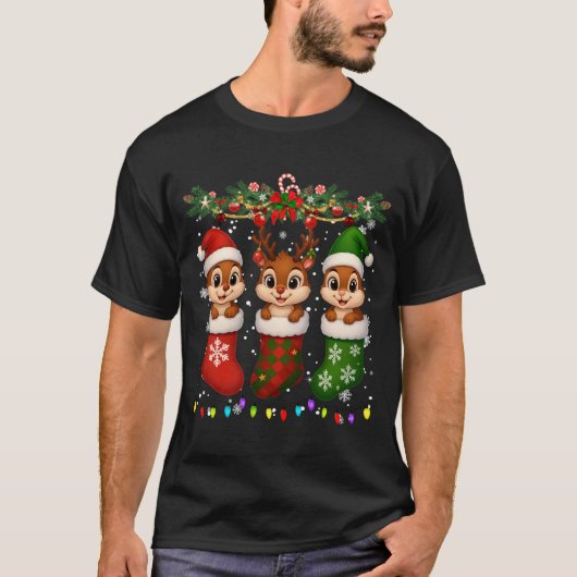 Chipmunk In Christmas Socks Lights Chipmunk Xmas L Tシャツ (正面)