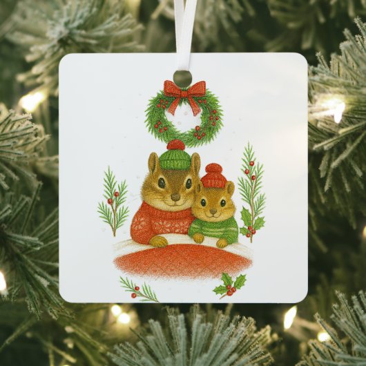 Chipmunk Mom & Child Christmas Whimsical Ornament メタルオーナメント (インサイチュ)