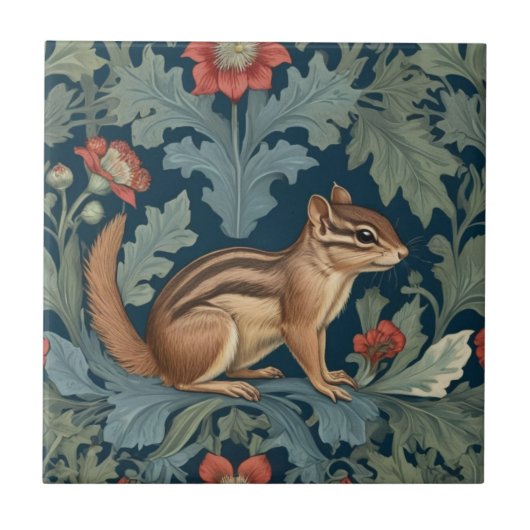 Chipmunk William Morrisスタイル右向きリーフィー タイル (正面)