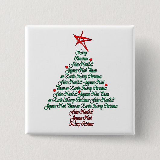 Chistmas MultilanguageカードFelizの出生の木 缶バッジ (正面)