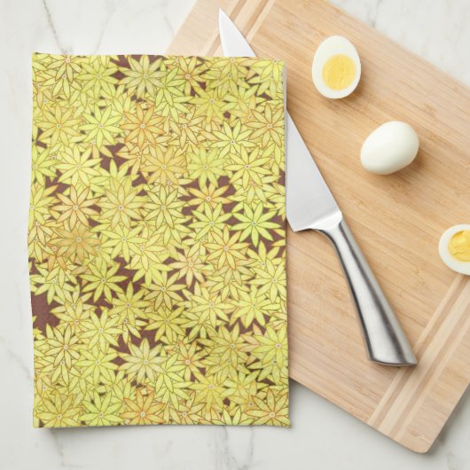 Chocolate Brownの黄色と金ゴールドのデイジー キッチンタオル (四つ折り)