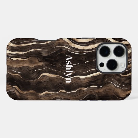 Chocolate Brown Gold Wavy Stripes iPhoneケース (裏面横)