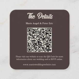 Chocolate Brown Monogram QR Code Wedding Details スクエア名刺