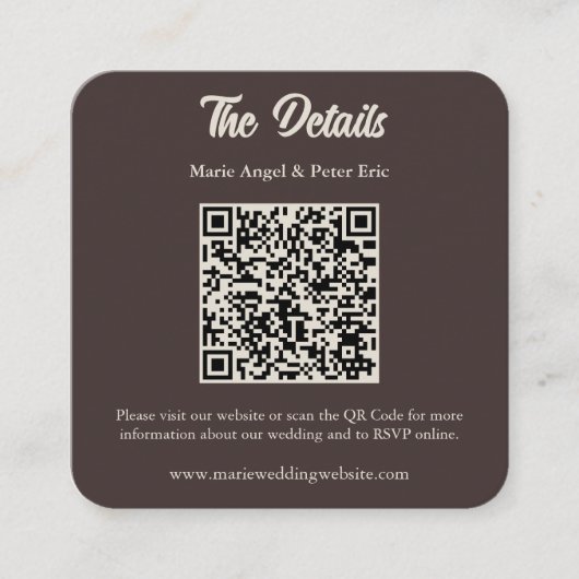 Chocolate Brown Monogram QR Code Wedding Details スクエア名刺 (正面)