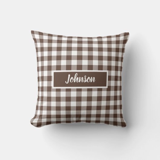 Chocolate Brown Plaid Gingham Customizable クッション (正面)