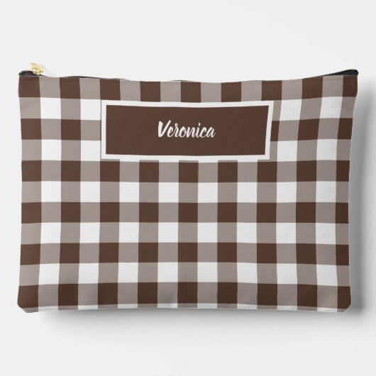 Chocolate Brown Plaid Gingham Personalized アクセサリーポーチ (正面)