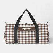 Chocolate Brown Plaid Gingham Personalized ダッフルバッグ (正面)
