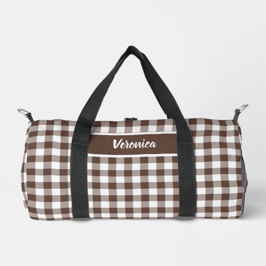 Chocolate Brown Plaid Gingham Personalized ダッフルバッグ (正面)
