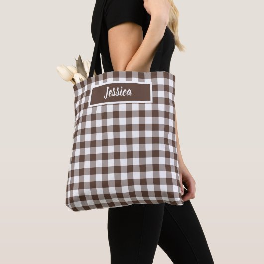 Chocolate Brown Plaid Gingham Retro Color トートバッグ (クローズアップ)