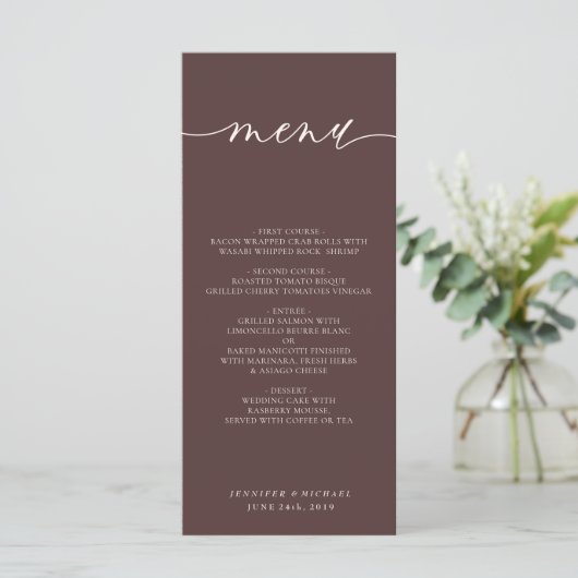 Chocolate Brown Simple Script Wedding Dinner メニュー (スタンド正面)
