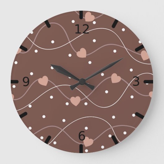 Chocolate Brown with Pink Hearts Pattern ラージ壁時計 (正面)