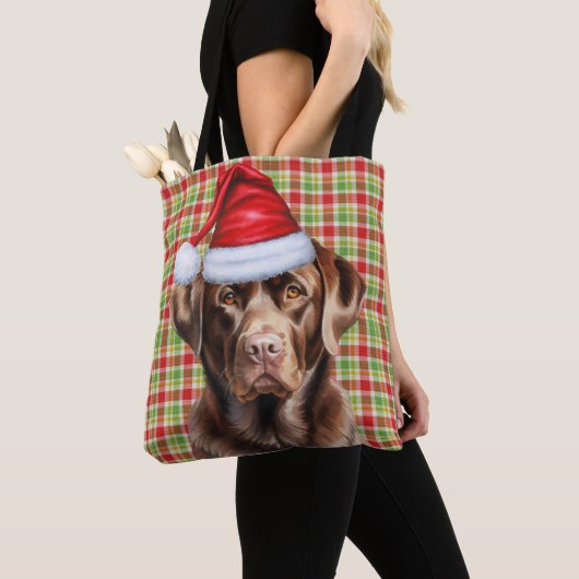 Chocolate Lab Christmas Dog Seasonal Plaid トートバッグ (クローズアップ)