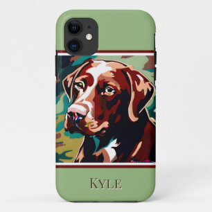 Chocolate Lab Dog on Camouflage iPhone 11 ケース