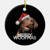 Chocolate lab dog santa hat MERRY WOOFMAS funny セラミックオーナメント (正面)