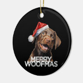 Chocolate lab dog santa hat MERRY WOOFMAS funny セラミックオーナメント (左)
