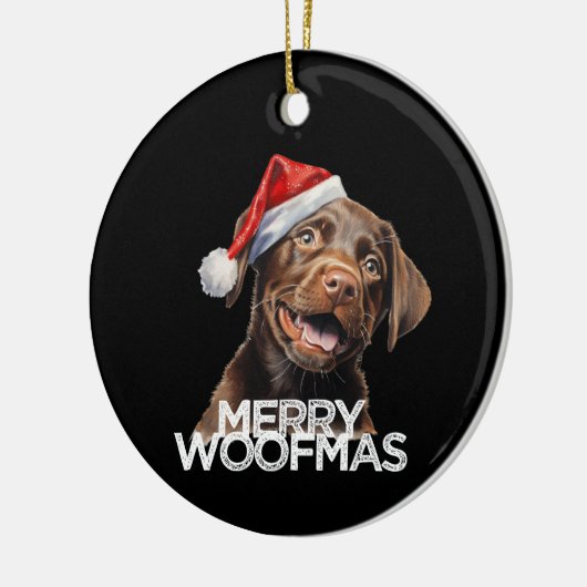 Chocolate lab dog santa hat MERRY WOOFMAS funny セラミックオーナメント (左)