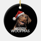 Chocolate lab dog santa hat MERRY WOOFMAS funny セラミックオーナメント (裏面)