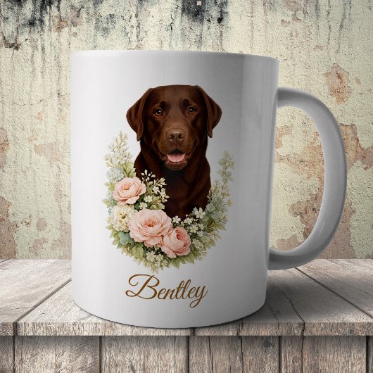 Chocolate Labrador Floral Portrait コーヒーマグカップ