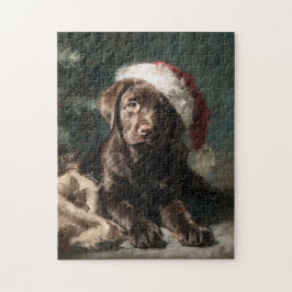 Chocolate Labrador Puppy Christmas Painting ジグソーパズル