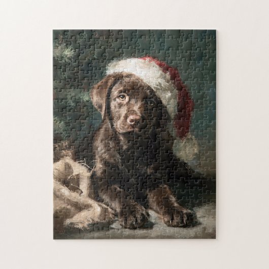 Chocolate Labrador Puppy Christmas Painting ジグソーパズル (縦)