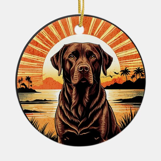 Chocolate Labrador Retro Sunset Dog Lover セラミックオーナメント (正面)