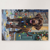 Chocolate Labrador Tangled in Christmas Lights ジグソーパズル (横)