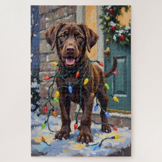 Chocolate Labrador Tangled in Christmas Lights ジグソーパズル (縦)