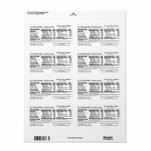 Chocolate Maker Nutrition Facts Packaging ラベル (フルシート)