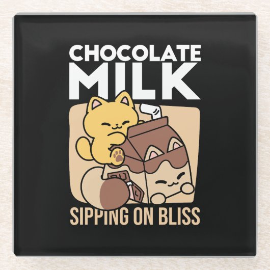 Chocolate Milk Sipping on Bliss – Kawaii Cat Food ガラスコースター (正面)