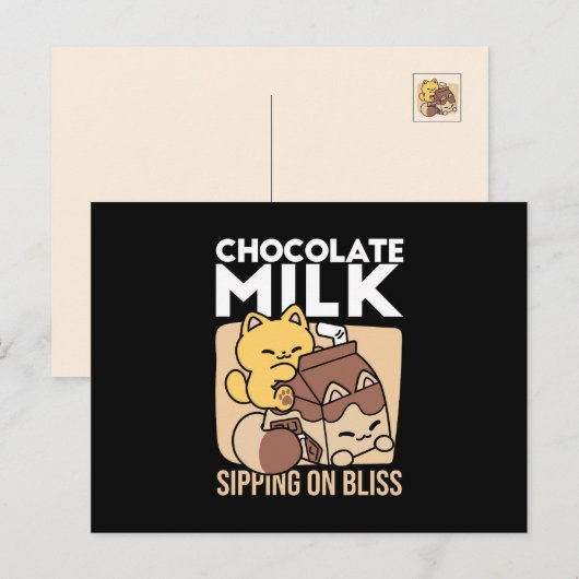 Chocolate Milk Sipping on Bliss – Kawaii Cat Food  シーズンポストカード (正面/裏面)