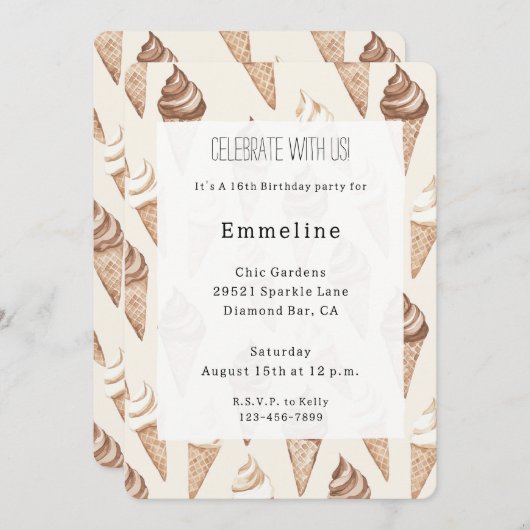 Chocolate Vanilla Ice Cream Cones Birthday 招待状 (正面/裏面)