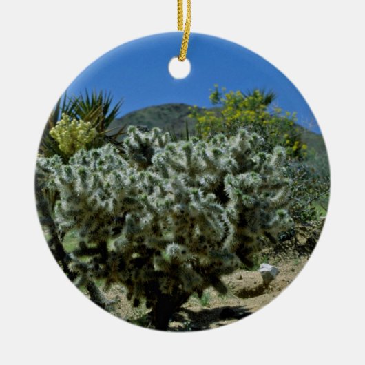 Chollaのサボテンおよび花盛りのユッカの花 セラミックオーナメント (正面)