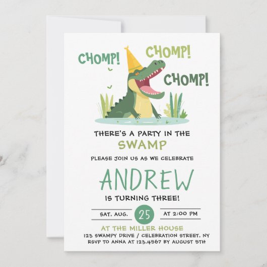 Chomp Chompパーティーインザスワンプアリゲーター誕生日 招待状 (正面)